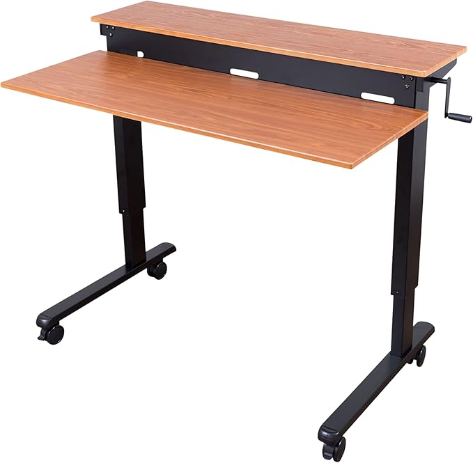 Stand Up Desk Store Crank Adjustable Two Tier Standing Desk with Heavy Duty Steel Frame (Black Frame/Teak Top, 48" Wide)