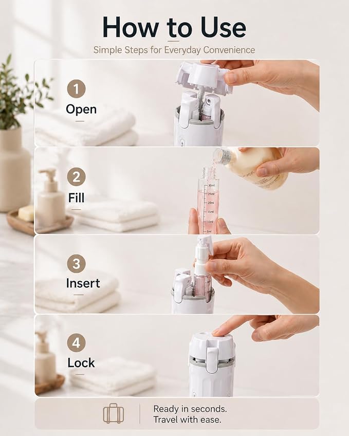 4 in 1 Travel Dispenser Bottle, TSA Approved Leak Proof Refillable Toiletry Containers for Shampoo, Conditioner, Lotion & Skincare – Easy Clean Travel Bottles for Gym, Business