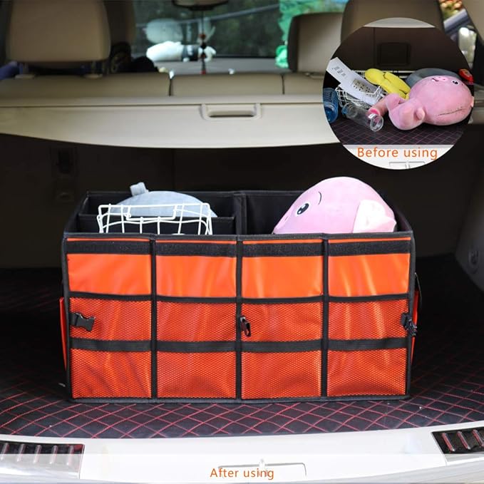 Car Trunk Organizer Collapsible Portable Multi Compartments Organizer with Non Slip Straps for SUV Truck Auto Vehicle Car Auto Minivan (Large without cover, Orange)