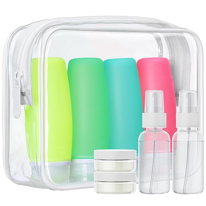 PACKISM 9 Pack TSA Approved Toiletry Bag with Bottles - Leakproof 3.4oz Silicone Travel Container Kit for Toiletries, Clear Quart Size Bag for Shampoo Conditioner Lotion (BPA Free)
