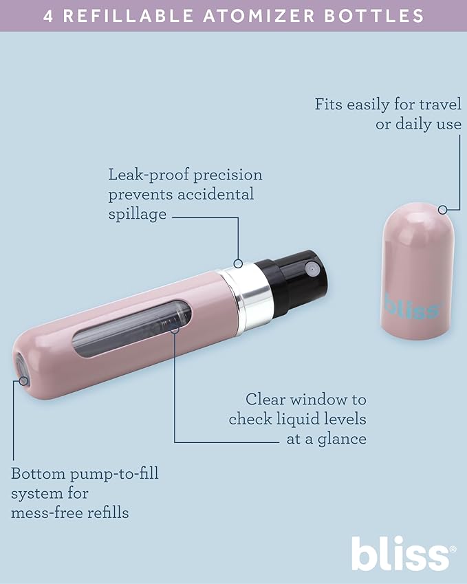 Bliss Atomizer Spray Bottle Set - 4 Pack TSA-Approved Leak Proof Refillable Small Travel Spray Bottle and Perfume Atomizer, Size One Size, Multicolor