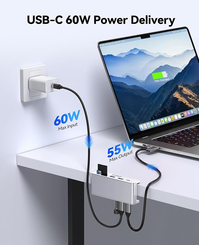 ORICO USB Hub 3.2, USB-Hub Clamp with Type-C PD 60W Port, 10Gbps Aluminum 6-Port USB Extender with 2 USB-A 3.2 Ports, USB-C 3.2, SD/TF Card Reader 3.0, AUX, USB-3.2 Splitter for Monitor, Desk