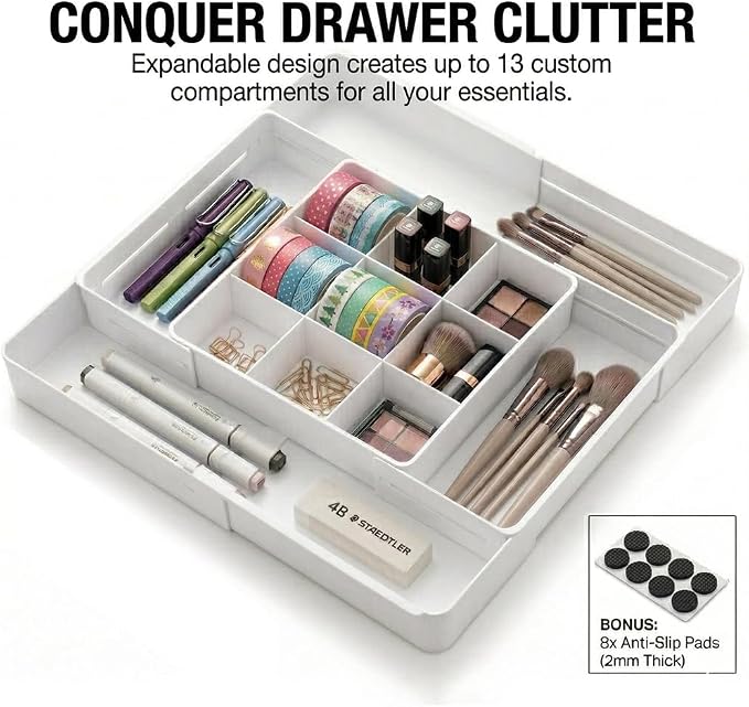 4-Way Expandable Drawer Organizer, Up to 13 Compartments Desk Divider with 6 Adjustable Dividers & Non-Slip Pads, Low Profile Tray (2.2" Tall) for Office, Makeup Vanity, White