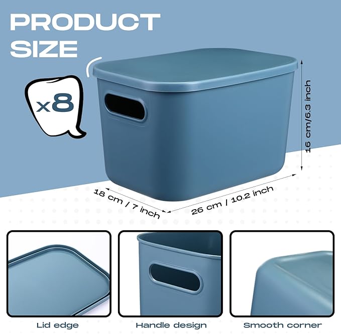 Hoolerry 8 Pieces Colorful Storage Bins with Lid, Plastic Storage Basket Organizing Container Stackable Box with Handle for Shelves Desktop Playroom Office(16.1 x 12.0 x 9.7 Inch,Blue)