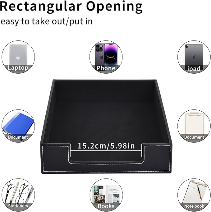 Leather Letter Tray, Office Supplies Desk Organizer for Mail Paper Files Magazines Jewelry Cosmetics,Luxury Letter Holder&Multipurpos Stackable Office Desktop Storage Box ,Black