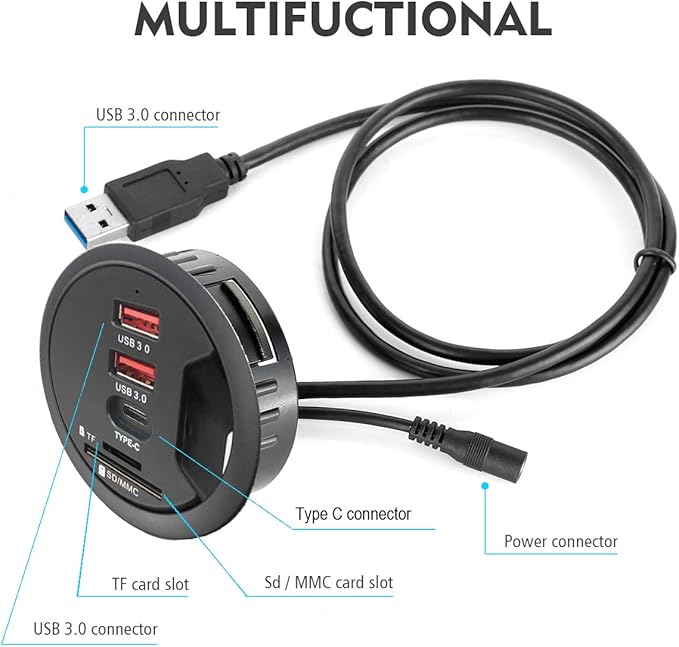 Grommet Desk-Fit USB 3.0 Hub (Diameter 2.36" or 60MM) 2 Port Type-A and 1 Port Type-C with SD/TF Card Reader,Compatible Charging and Data Transmission,