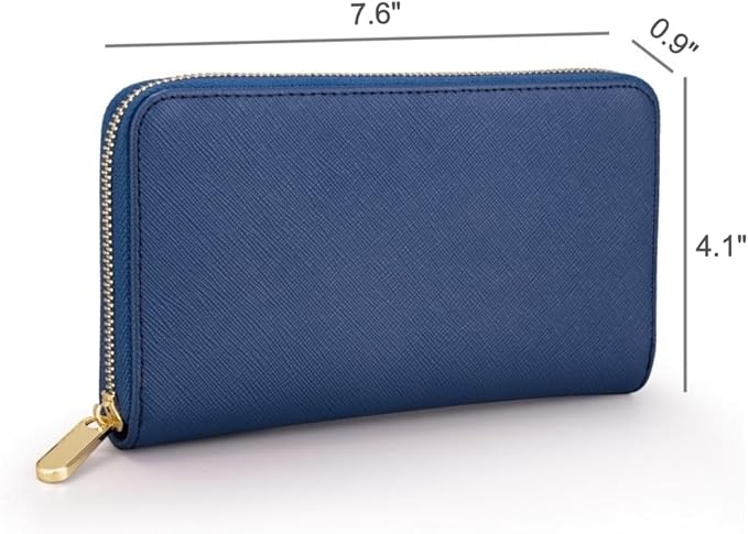 Luxury Real Leather Zip Around Travel Wallet | Large Capicity Card Holder Organizer | Classic Phone Clutch for Men Women (Navy - Saffiano Leather)