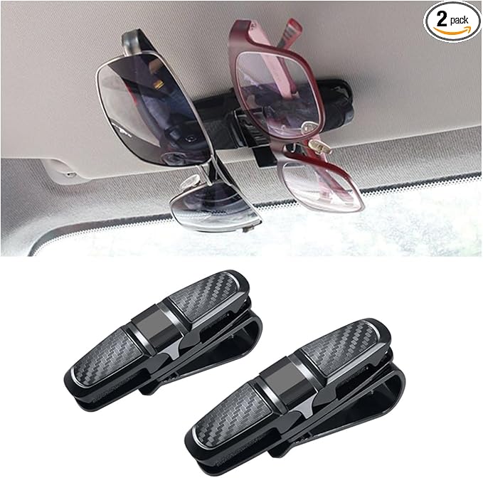2PCS Glasses Holders for Car Sun Visor, Glasses Clip Organizer, Sunglasses Eyeglasses Mount with Ticket Card, Car Sun Visor Double-Ends Clip, 180 Degree Rotational Car Glasses Holder
