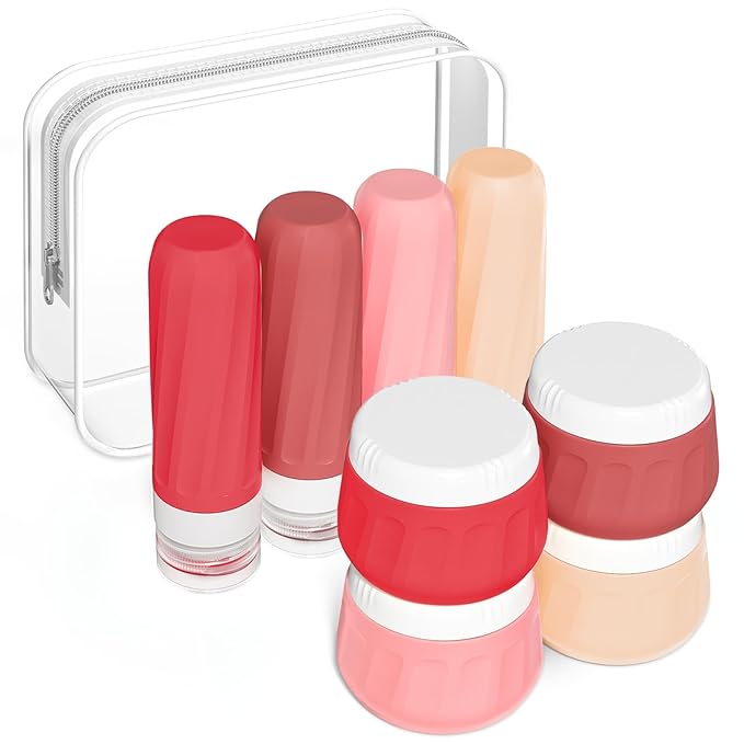 Mrsdry Travel Size Toiletries 8 Pack, TSA Approved 3oz Silicone Squeeze Bottles & Cream Jars with Clear Travel Bag
