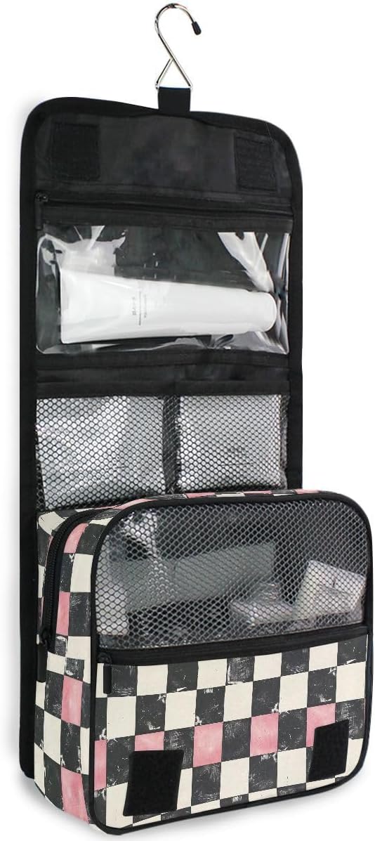 Hanging Travel Toiletry Bag White Black Pink Plaid Kit Makeup Case Cosmetics Organizer for Men Women