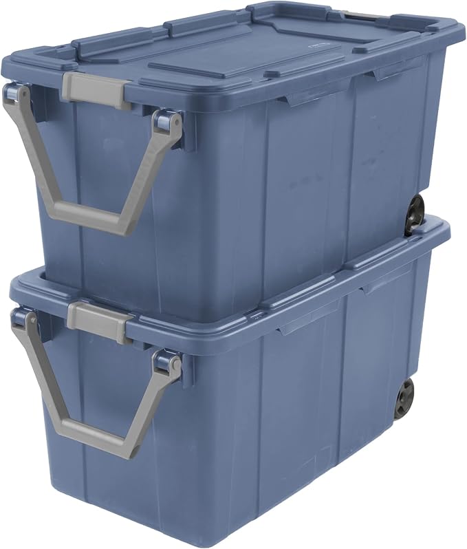 40 Gallon Heavy-Duty Rolling Storage Bins 2-Pack, Blue Industrial Plastic with Pivot Handle, Leakproof Lid & Latches, for Garage Workshop Equipment Transport & Storage