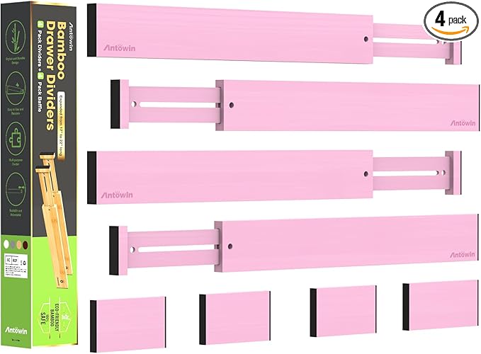 ANTOWIN Expandable Bamboo Drawer Dividers Organizers, Drawer Separators Splitter, 17-22 inches Long Adjustable Spring-loaded Organizer for Large Utensil, Clothes, Tools(Pink)