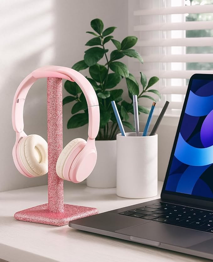 Luxury Rhinestone Headphone Stand – Cute Crystal Headset Holder for Gamer Girl Desk Setup – Bling Kawaii Desk Accessories with Soft Headrest – Aesthetic Gift for Daughter & Girlfriend (Pink)