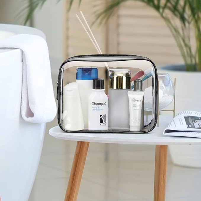 2pcs Clear Travel Toiletry Bag TSA Approved Size Makeup Cosmetic Bag Portable Waterproof Transparent Pouch Storage, Black