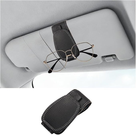 Sunglass Holder for Car Visor, Magnetic Leather Vehicle Sun Visor Storage Clip for Different Size Eyeglasses, Automotive Interior Glasses Ticket Card Clip, Universal for SUV RV Truck (Black)