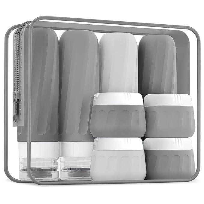 Mrsdry Travel Bottles for Toiletries 8 Pack, TSA Approved Travel Size Containers 3oz, Leak Proof Silicone Squeezable Creams Jars with Clear Travel Bag