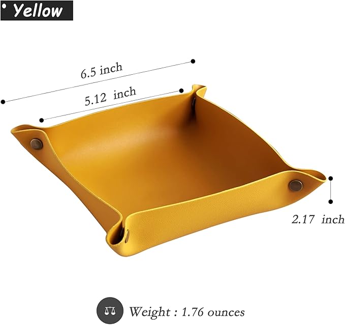 Valet Tray, Leather Tray, Small Catchall Tray, Foldable Jewelry Travel Organizer, Suitable for Travel, Storage, Nightstand, Home or Office (Yellow-S)