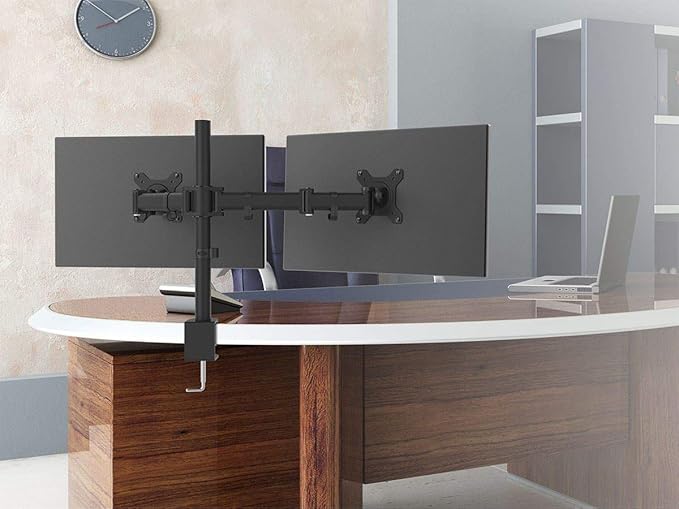 Monoprice Essential Dual Monitor Articulating Arm Desk Mount - for Displays 13in to 27in, VESA 75x75 to 100x100, Max Weight Capacity 17.6 Lbs Each Screen, Cable Management, Rotating, Black