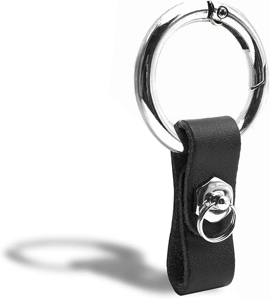 Circle Carabiner Keychain Clip Quick-Release Spring Ring & Anti-lost Ring Attach Leather Key Chain, No Screwdriver Required, 1 Pack, Black