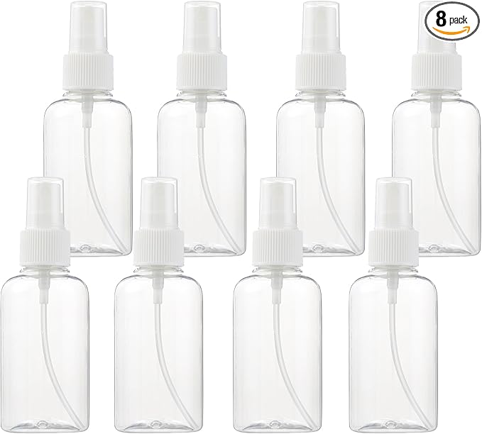 SINIDE Plastic Spray Bottles 75 ML - 8 Pack 2.5 oz Fine Mist Clear Travel Bottle Set, Empty Reusable Portable Refillable Makeup Sprayer Containers for Perfume, Liquids, Aromatherapy, Cleaning Solution