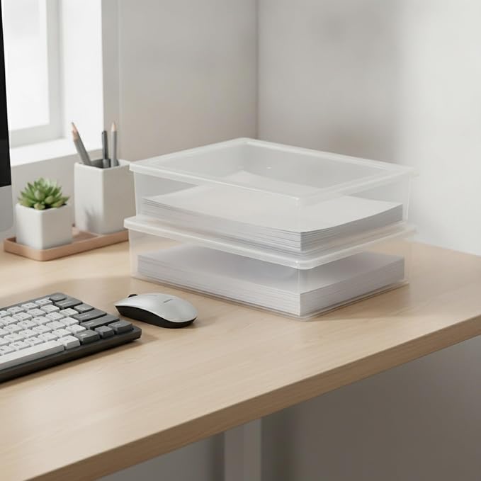 Clear PP Plastic Document Storage Box with Lid, Stackable A4 File Organizer Bin for Office Desk & Home Study (1 Pack)