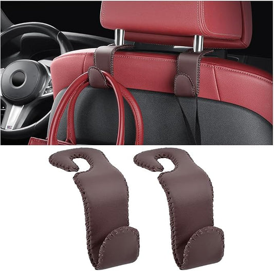 Zpana Car Headrest Hooks, 2PCS Leather U-Shaped Vehicle Purse Storage Hanging Holder for Purses Bags Coats, Automotive Seat Back Storage Organizer Hanger Accessories, Universal Fit (Brown)