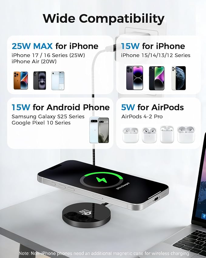 25W Magnetic Wireless Charger, Qi2.2 Fast Wireless Charging Pads with Kickstand,MagSafe Charger for iPhone 17/16/15/14/13/12 Series & AirPods 4/3/2/Pro, Samsung S26 S25 Series, Google Pixel 10
