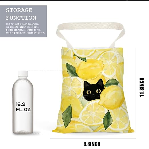 Black Cat Car Trash Bag, Lemon Car Trash Bag Hanging, Lemon Accessories, Summer Decor Waterproof Cars Back Seat Hanging Organizer Garbage Can for Vehicle Travelling Camping