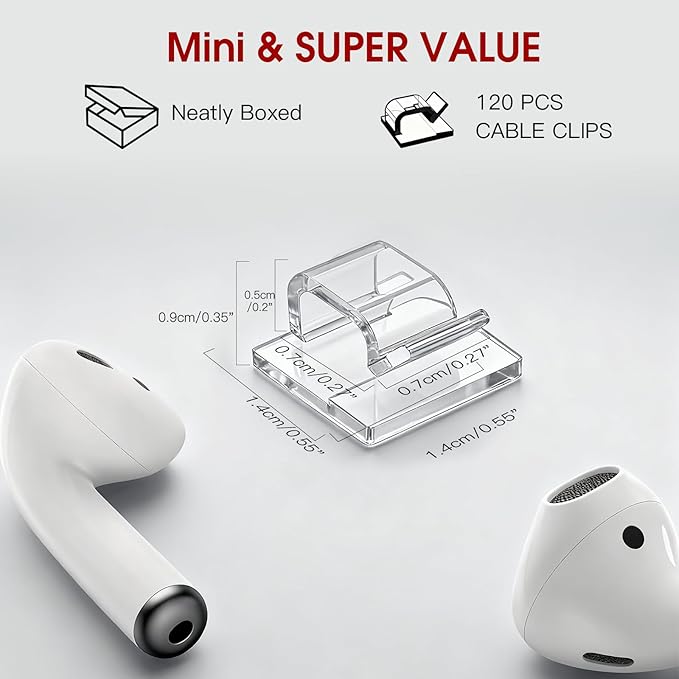 120PCS Heavy-Duty Adhesive Cable Clips, Clear Traceless Cord Organizer & Wire Holders for Wall, Desk, Car, LED Strips and Outdoor Lights (Small)