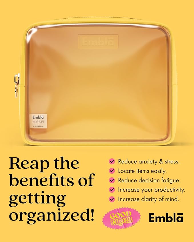 Embla Clear Large Makeup Bag Cute Big Make Up Nylon Pouches Travel Bathroom Bags for Toiletries XL Cosmetic Pouch for Women Girls Extra Large Zipper Toiletry Skincare Organizer Yellow