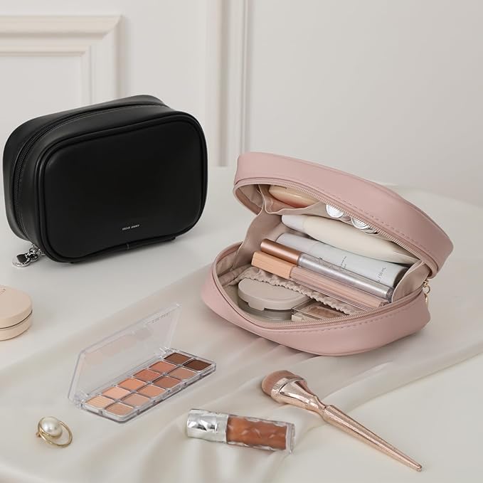 RIGHT AWAY Small Makeup Bag for Purse,Cosmetic Bag Organizer for Women,Waterproof PU Leather Make Up Pouch Toiletry Bag with Pockets,Portable Makeup Case for Travel Accessories&Accessories(Pink)