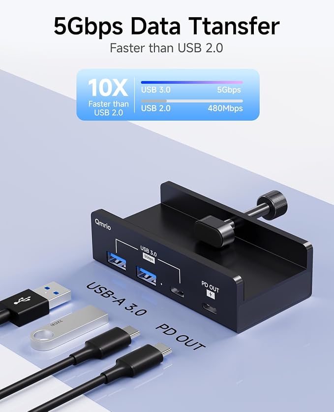 USB-Hub Clamp with Type-C PD 85W Port, 2 USB-A Data Ports, 1 USB-C Port (Black)