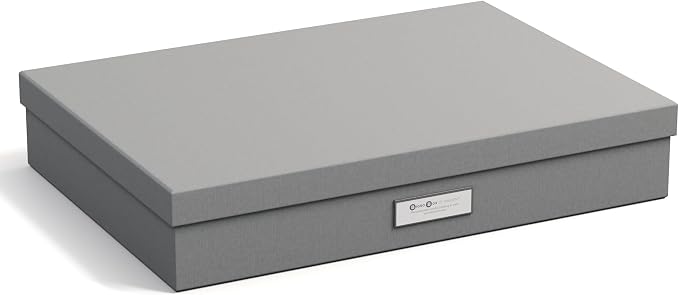 Bigso Sverker Fiberboard Legal and Art Storage Box | Scrapbook Storage Box for Loose Papers and More | Durable Document Boxes with Lid and Metal Label Holder | 17.1’’ x 12.2’’ x 3.3’’ | Grey