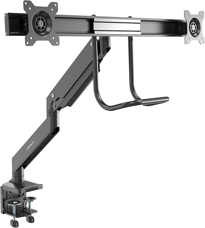 StarTech.com Desk Mount Dual Monitor Arm - Ergonomic Monitor VESA Mount 32" (17.6lb/8kg) Displays - Crossbar Handle for Synchronized Full Motion - Height Adjustable - C-Clamp/Grommet (ARMSLMBARDUO)