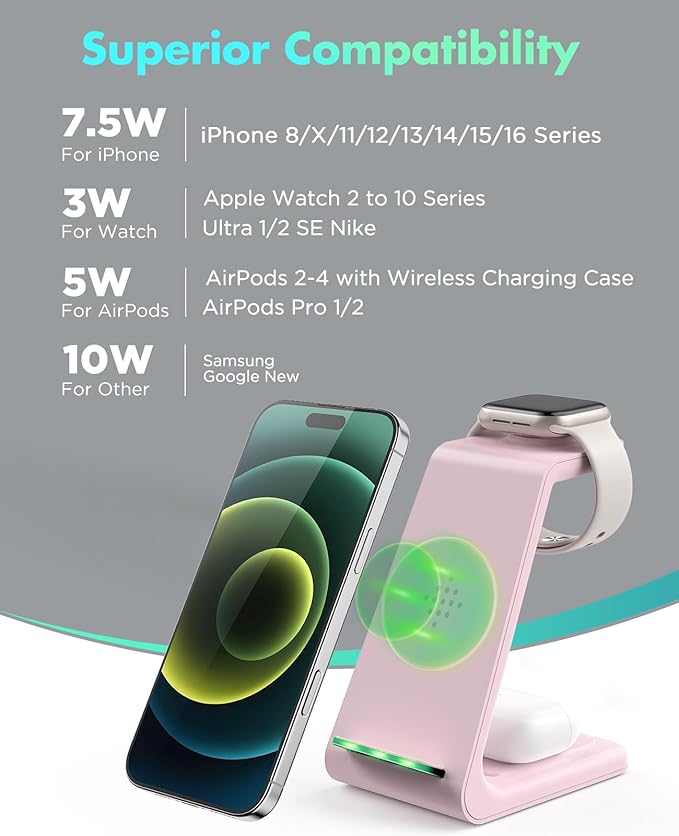 3 in 1 Wireless Charging Station, 2026 Upgraded Fast Desk Charger Station for iPhone 17 16 15 14 13 12 Pro Max Plus, Charger Stand for Apple Watch 10 9 8 7 6 5 4 3 2 SE, Airpods 4 3 2 Pro(Pink)
