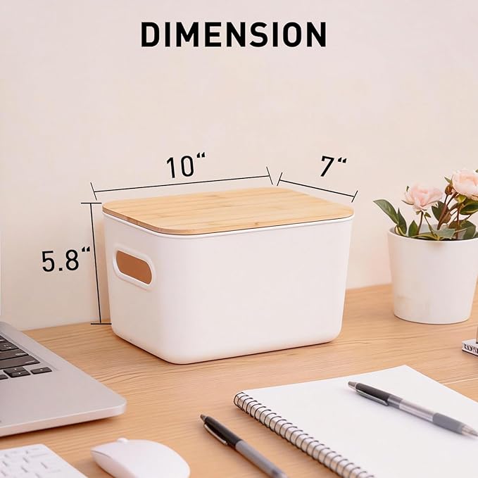 Citylife Storage Bins with Bamboo Lids 7QT Plastic Storage Containers Stackable Organizer Boxes with Handle for Desk Snacks, Toys, 2 PCS, 10" L x 7" W x 5.8" H