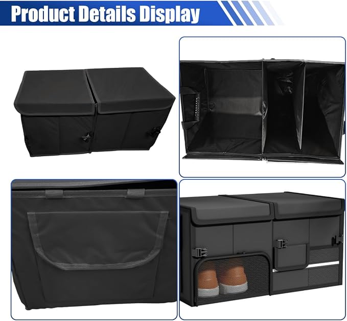 Car Trunk Organizer, Collapsible Multi Compartment Cargo Storage Box with Lid & Reinforced Handles, Adjustable Waterproof Vehicle Storage Organizer Accessories for Car SUV Truck (Black)