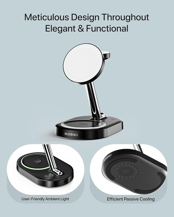 Fast Charging Station for Magsafe Apple Devices, Wireless Charger Station for MagSafe iPhones, 3 in 1 Magnetic Charger Stand for iPhone 17/16/15/14/13/12, Apple Watch & AirPods(Blk)