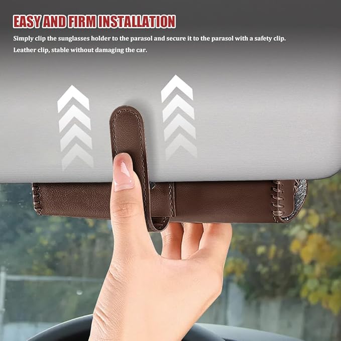 Sunglasses Holder for Car Sun Visor, Leather Auto Eyeglasses Storage Case with Hidden Magnetic Closure, Universal Protective Glasses Organizer Box, Visor Accessories for Woman Man (Brown)