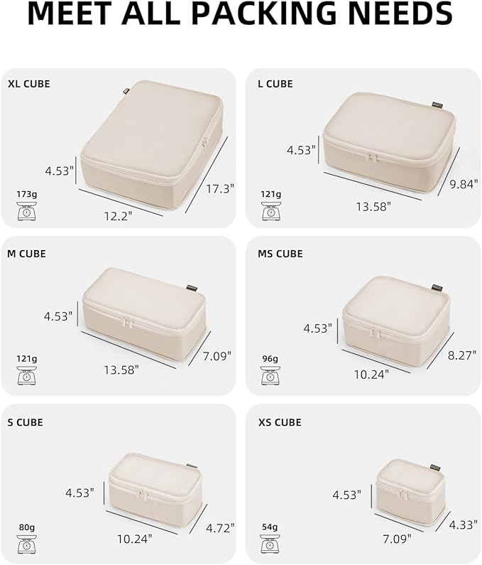 Compression Packing Cubes for Travel, 6-Piece Set (Large/Medium/Small), Double-Zip Luggage Organizers for Suitcase & Carry-On, Clothes Storage Bags (Cream White, 6 Pack)