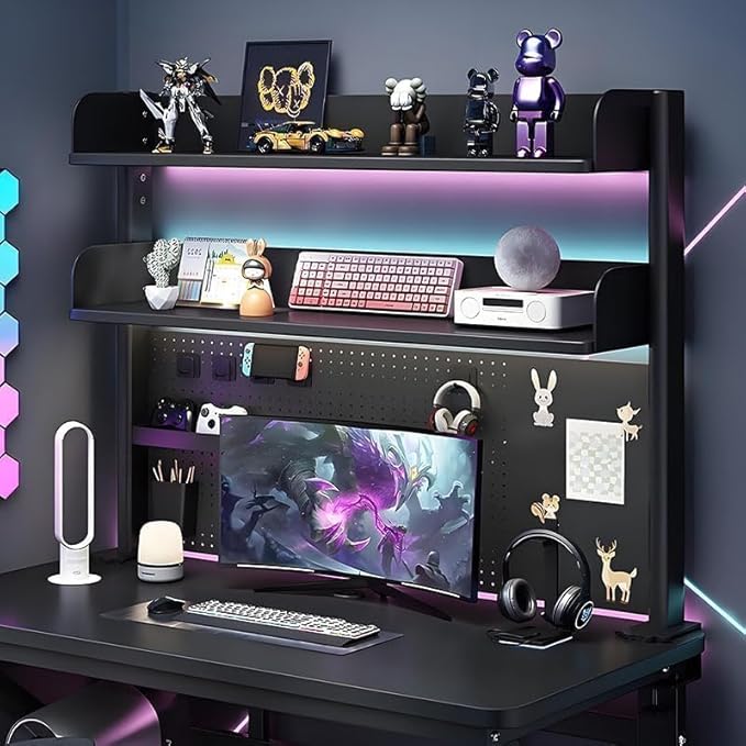 CHSSIH Clamp On Desk Pegboard Shelf - Metal Desktop Organizer Hutch with 2 Shelves for Storage and Display, Desk Add-On Shelf for Office, Dorm, or Computer Monitor Stand, Black, 39.3In