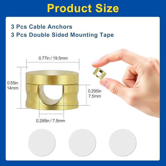 3 Pack Upgraded Cord Management Clips with Extra-Large Adhesive Base, Stronger Hold Phone Charger Holder for Nightstand, Premium Aluminum Gold Sticky USB Wire Organizer Cable Clips for Desk