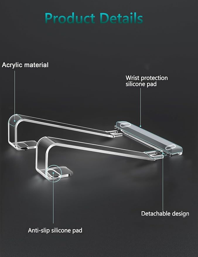 Clear Acrylic Laptop Stand for Desk, with Wrist Rest, Ergonomic Detachable Mount Compatible with 10-17'' All Laptops Such as MacBook Air Pro/HP/Dell/Lenovo