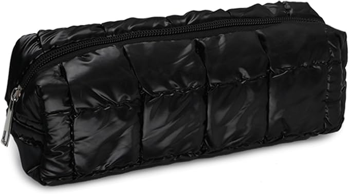 3Pcs Puffer Quilted Makeup Bag Travel Cosmetic Bag Set Portable Puffy Checkered Toiletry Pouch Skincare Organizer Purse Pencil Case (Black)