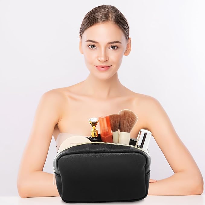 Sweetude 10 Pcs Makeup Bag Bulk for Women Preppy Gift PU Leather Cosmetic Bag Small Skincare Toiletry Pouch Mother Travel Cosmetic Pouch for Bridesmaid Bride Wedding Gift Favors (Black)