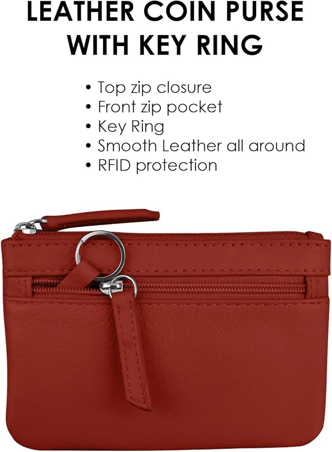 ili New York Mini Leather Coin Purse, Compact Genuine Leather Pouch with Key Ring & RFID Protection, Used for Coins, Keys and Cards, Ideal for Travel and Everyday Carry, Red