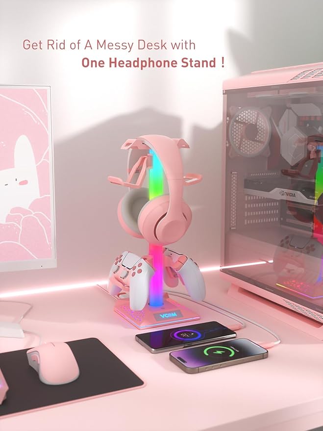 VCOM RGB Gaming Headphones Stand with 2 USB Ports, Pink Headset Stand with 10 Light Modes and Non-Slip Rubber, Suitable for PC Desk Accessories Gamers Gift(Pink)