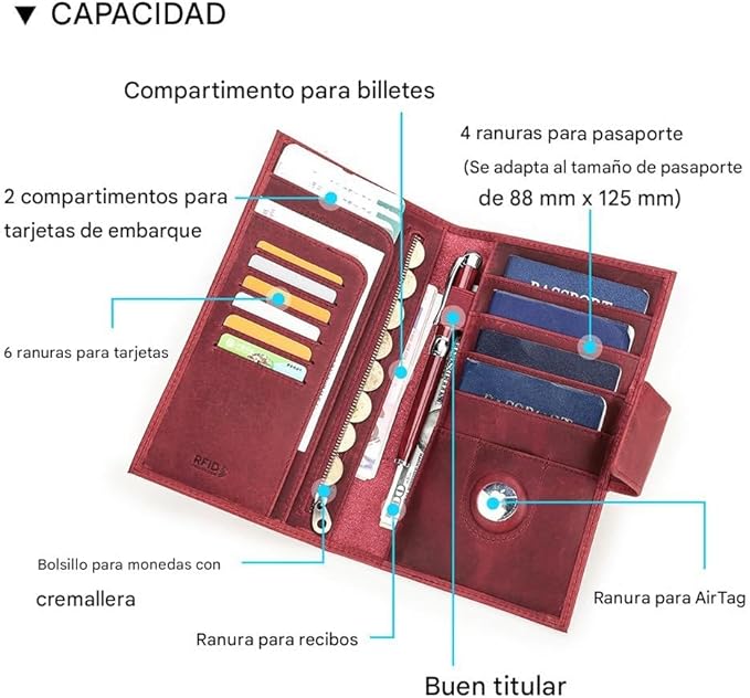 CONTACTS Full Grain Leather RFID Blocking Family Passport Holder for 4 Passport Wallet Compatible with Airtag Travel Passport Cover with 4 Passport Slot, 6 Card Slot (Red)