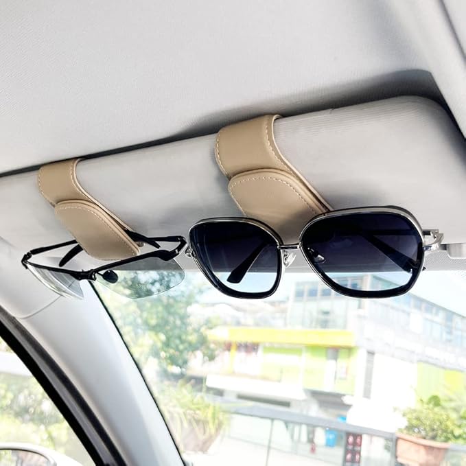 2Pcs Sunglass Holder for Car, Magnetic Leather Eyeglass Hanger Clip for Car Sun Visor, Sunglasses Holder and Ticket Card Clip for Car Visor Accessories (Beige)