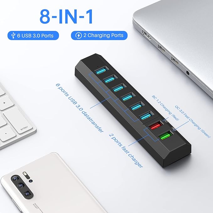 Powered USB Hub, Aiibe 8-Port USB Hub 3.0 Powered USB Splitter with 2 Fast Charging Ports + 12V/3A Power Adapter + USB 3.0 Cable, USB Hub Powered 36W Adapter for Laptop, Mac, PC, Mobile HDD (Black)
